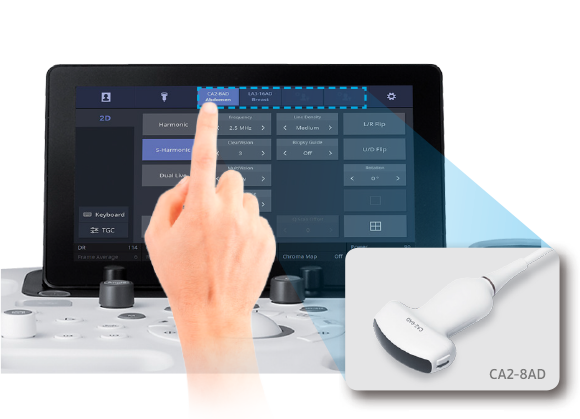Finger zeigt auf Touchscreen von Ultraschallsystem HS40 und Convex-Sonde ist rechts vergrößert dargestellt.