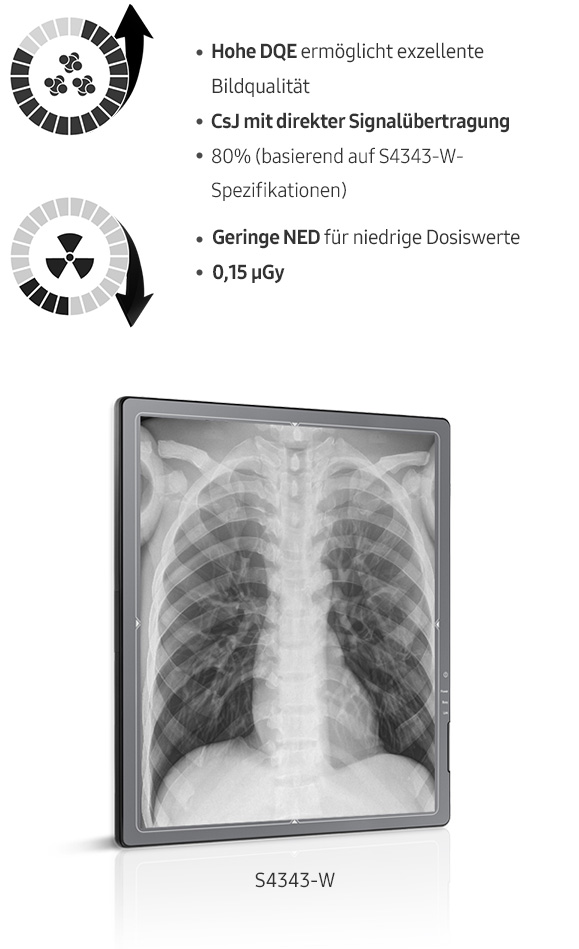 Röntgenaufnahme von Thorax mit Samsung Röntgensystem und Hinweis auf eine hohe DQE und niedrigere Strahlendosis.