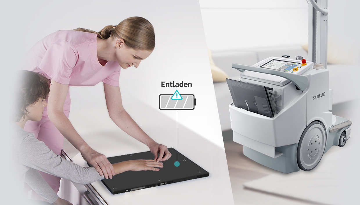 Links bereitet MTA Röntgenaufnahme einer Hand eines Kindes vor; rechts ist das mobile Röntgensystem GM60A dargestellt