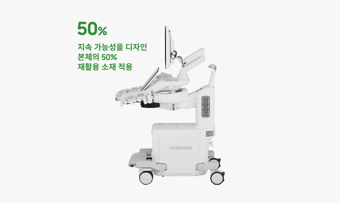 Side view of the R20 ultrasound machine highlighting its sustainable design with 50 percent recycled resin used on the system body