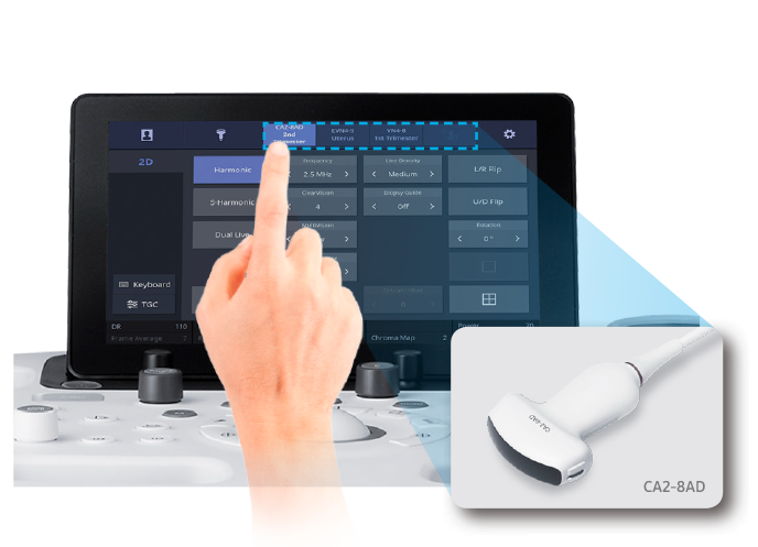 Finger zeigt auf Touchscreen von Ultraschallsystem HS40 und Convex-Sonde ist rechts vergrößert dargestellt.