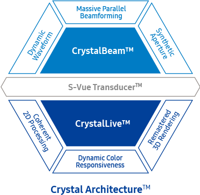 Crystal Architecture™, S-Vue Transducer™ - Dynamic Waveform,  Massive Parallel Beamforming, Synthetic Aperture, Remastered 3D Rendering, Dynamic Color Responsiveness, Coherent 2D Processing