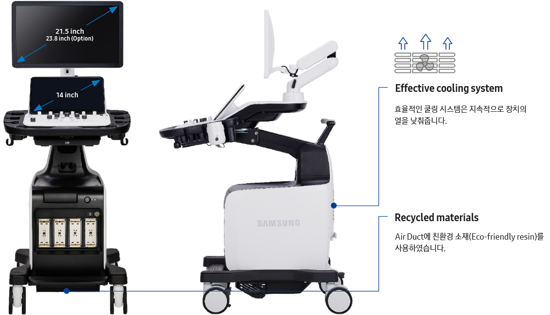 1. Effective cooling system - An effective airflow system cools down the ultrasound system by constantly letting heat out and reducing fan noise. / 2. Recycled materials - Eco-friendly resin cover is applied to the air vent exterior cover, outlining Samsung's efforts towards a greener tomorrow.